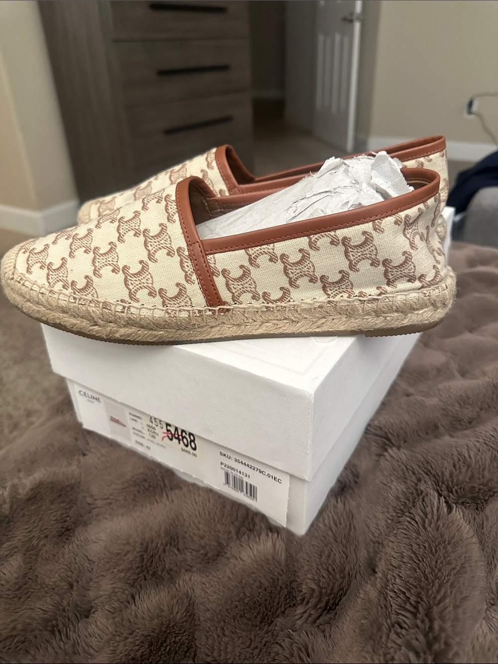 Celine Beige Canvas Logo Espadrilles with Brown Trim